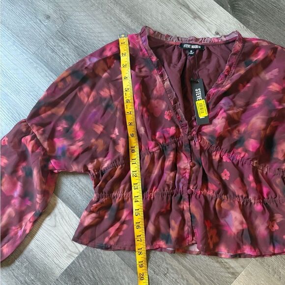 Steve Madden Wine Floral Blouse Button Down Top Feminine Ruffles - Picture 9 of 10